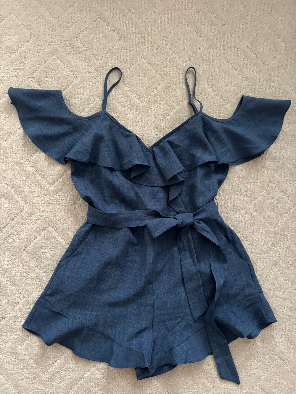 Sunset+Spring Chambray Blue Ruffle Cold-Shoulder Romper/ M